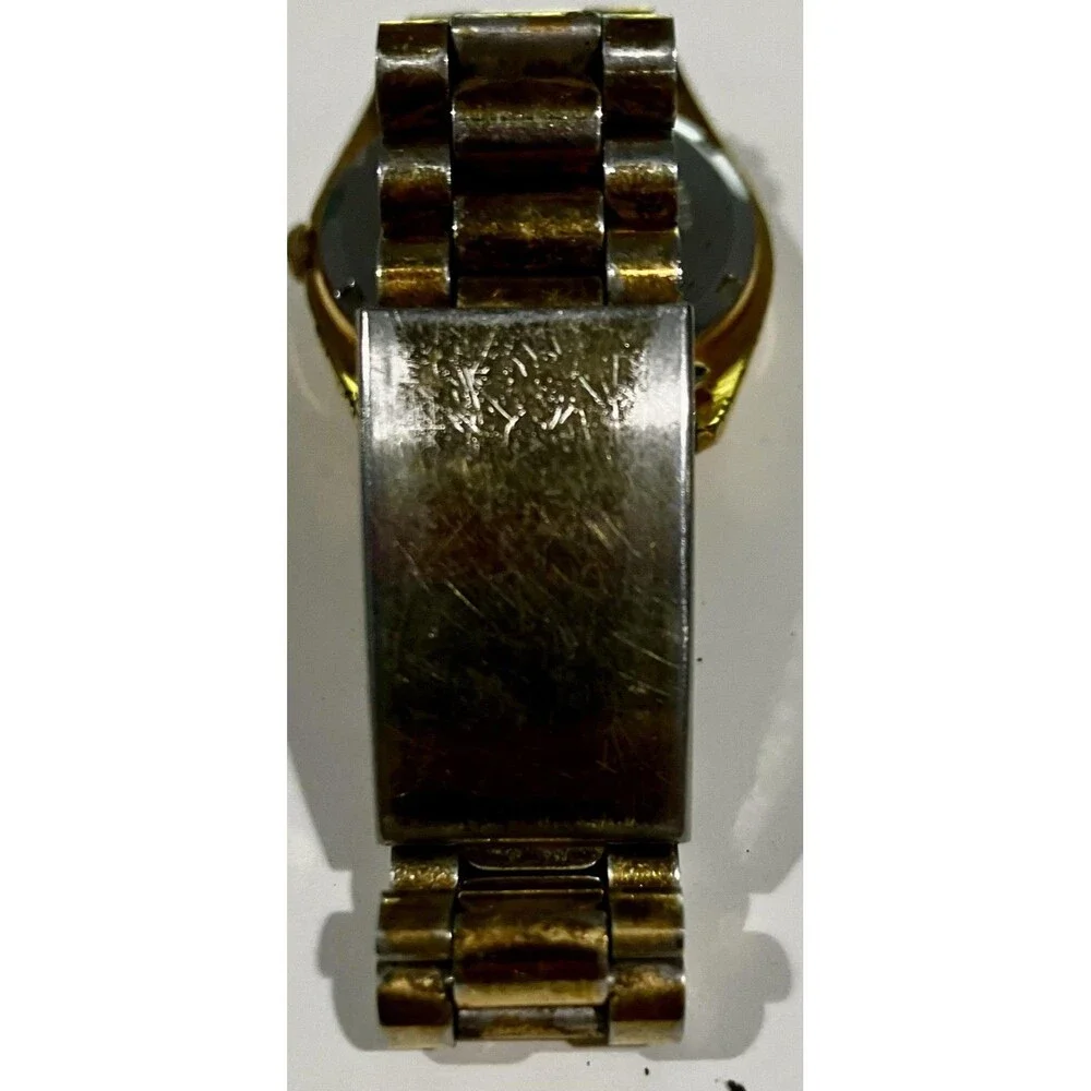 Gruen Watch Gold Dial Gold Tone Bracelet Quartz Day Date 100FT Needs Battery